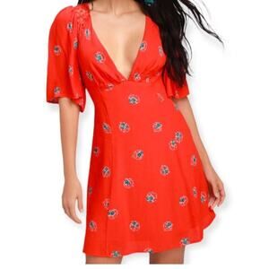 Free People Red Floral Open Back Mini Dress Size 12 New With Tags
